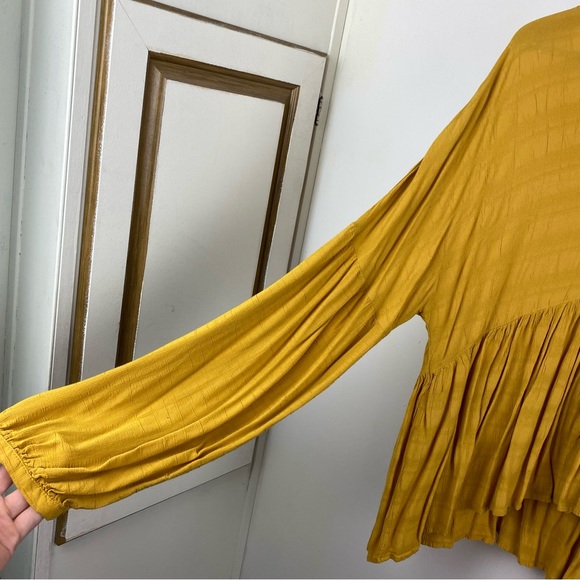 Time & Tru Ruffled Gauzy Babydoll Mustard Top Size XL Long Sleeve Boho Blouse - Picture 6 of 12